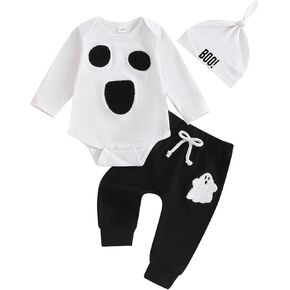 Lamuusaa Newborn Baby Boy Halloween Outfit Long Sleeve Ghost Embroidery Romper Long Pants Boo Hat 3Pcs Clothes Set