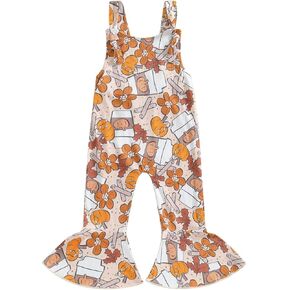 Emmababy Baby Girl Flare Jumpsuit Halloween Pumpkin Romper Ghost Print Suspender Overalls Bell Bottoms Toddler Fall Clothes