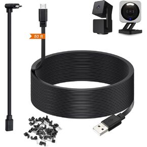 50ft Power Cable for Wyze Cam v4, Wyze Cam Pan v3, Wyze OG, v3 Pro Security Cameras - 15m Long Flat USB to Micro USB Charging Extension Cord with L-Shaped Adapter, Black