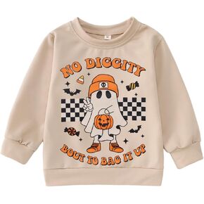 KEKEMI Halloween Crewneck Sweatshirt Toddler Boy Girl Pumpkin Ghost Graphic Shirt Baby Funny Letter Print Spooky Season Tops
