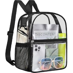 Clear Backpack Stadium Approved 12×12×6 Clear Mini Backpack Small Transparent Backpack for Concert, Beach, Work, Travel & Sporting（Black）