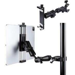 Aluminum Dual Arm Tablet Mount with Super Clamp for Rails 0.5'' to 2'' in Diameter, Side Mount Tablet Holder for Mic Stand, Compatible with iPad Pro 12.9 Air Mini, Galaxy Tab, 4.7-12.9" Tablets