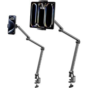 LULULOOK Tablet Stand for Desk, Aluminum Alloy Stretchable Arm Phone Holder, Adjustable iPad Stand Compatible with 4.7-13" iPad Pro 12.9/Air 13", Galaxy Tabs, iPhone 16 Pro, Kindle, Tablet (2 Clips)