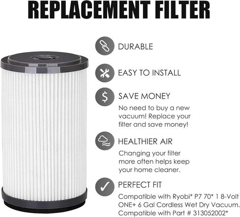قطعتان من قطع غيار فلتر المكنسة P770 لـ Ryobi P770 18V ONE+ 6 Gal مكنسة جافة ورطبة لاسلكية، مقارنة بالجزء # 313052002 & A32RF01N in Kuwait