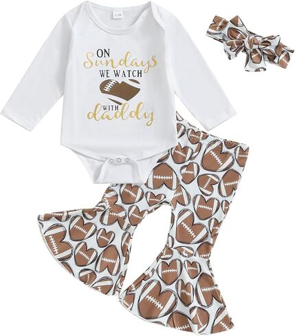 Baby Girl Football Outfit Long Sleeve Crewneck Sweatshirt Romper Flare Pants Headband Infant Fall Clothes in Kuwait