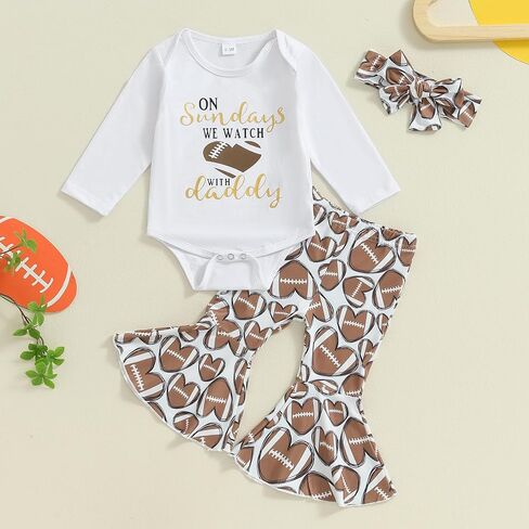 Baby Girl Football Outfit Long Sleeve Crewneck Sweatshirt Romper Flare Pants Headband Infant Fall Clothes in Kuwait