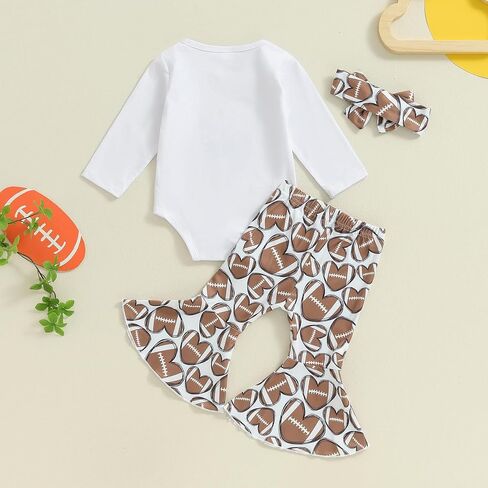 Baby Girl Football Outfit Long Sleeve Crewneck Sweatshirt Romper Flare Pants Headband Infant Fall Clothes in Kuwait