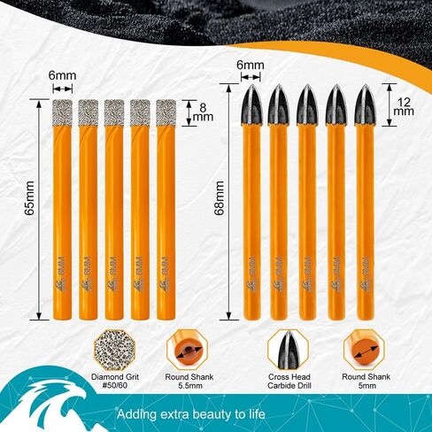 Diamond Drill Bits - Tile Drill Bits Kit 6mm 5pcs & Carbide Drill Bits 6mm 5pcs for Drilling Ceramic Porcelain Tile Marble Granite Masonry in Saudi Arabia