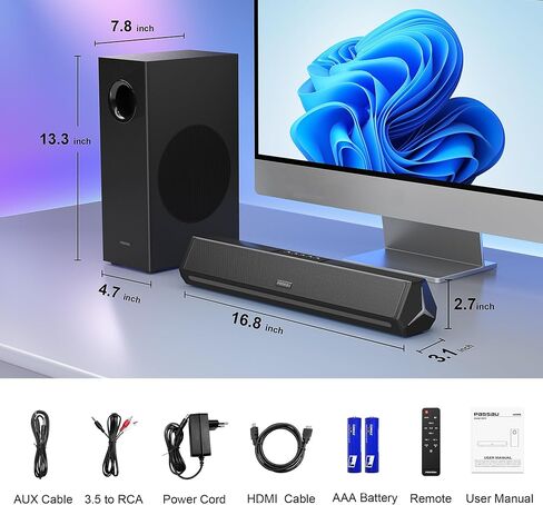 مكبرات صوت للكمبيوتر من Passau مع مضخم صوت، مكبرات صوت ستيريو HiFi 2.1ch للكمبيوتر الشخصي مع صوت جهير عميق، اتصال Bluetooth/AUX/HDMI(ARC) لشاشة سطح المكتب والكمبيوتر الشخصي والهواتف والكمبيوتر المحمول والأجهزة اللوحية in Kuwait