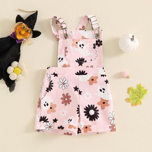 Adobabirl Toddler Baby Girl Halloween Outfit Ghost Pumpkin Overalls Romper Suspender Shorts Jumpsuit Cute Fall Clothes in Saudi Arabia