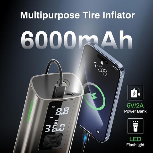 AT003 Tire Inflator Portable Air Compressor, Auto Air Pump for Car Tires, Tire Inflator 150PSI with 6000mAh Battery, Pressure Gauge & LED Screen, Air Compressor for Car, Motorcycle, Bike, Ball in Saudi Arabia