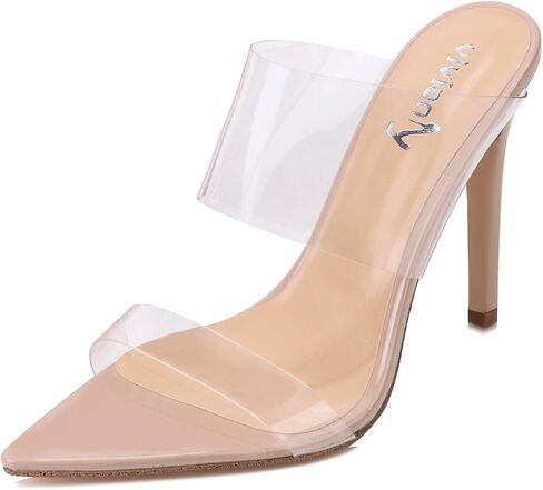 vivianly Clear Pointed Toe Heels Sandals Transparent Strap Stiletto High Heels Slip on Mules for Women in Kuwait