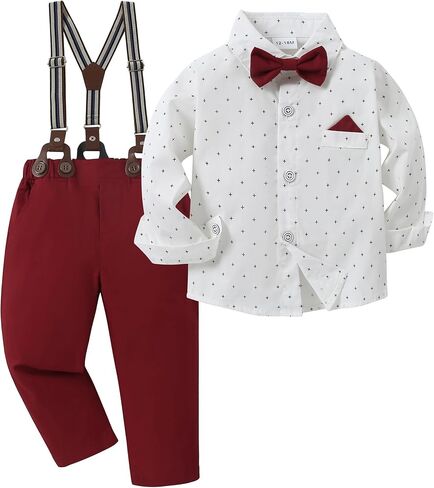 CARETOO Toddler Boy Clothes Suit Gentleman Wedding Outfits Kids Formal Dress Shirt Bowtie Long Suspender Pants Overalls 1-5T in Kuwait