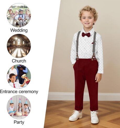 CARETOO Toddler Boy Clothes Suit Gentleman Wedding Outfits Kids Formal Dress Shirt Bowtie Long Suspender Pants Overalls 1-5T in Kuwait
