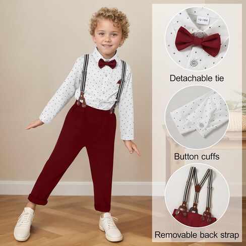CARETOO Toddler Boy Clothes Suit Gentleman Wedding Outfits Kids Formal Dress Shirt Bowtie Long Suspender Pants Overalls 1-5T in Kuwait