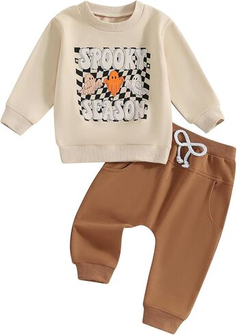 Toddler Baby Boys Halloween Outfit Ghost Letters Print Sweatshirt and Solid Jogger Pants Set Fall Clothes in Kuwait