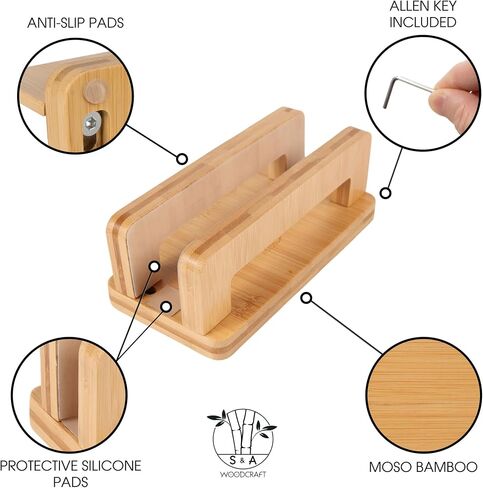 S&A WOODCRAFT 3 Slots Acacia Wood Vertical Laptop Stand, Adjustable Wooden Laptop Holder, Non-Slip Laptop Dock Compatible with Apple MacBook, Microsoft Surface, Gaming Laptops, IPad, Tablets in Saudi Arabia