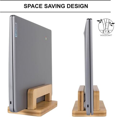 S&A WOODCRAFT 3 Slots Acacia Wood Vertical Laptop Stand, Adjustable Wooden Laptop Holder, Non-Slip Laptop Dock Compatible with Apple MacBook, Microsoft Surface, Gaming Laptops, IPad, Tablets in Saudi Arabia