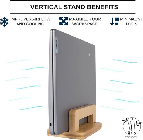 S&A WOODCRAFT 3 Slots Acacia Wood Vertical Laptop Stand, Adjustable Wooden Laptop Holder, Non-Slip Laptop Dock Compatible with Apple MacBook, Microsoft Surface, Gaming Laptops, IPad, Tablets in Saudi Arabia