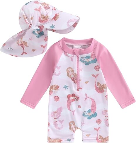Toddler Baby Girl Boy Rash Guard Swimsuit with Hat Long Sleeve Floral Zip One Piece Bathing Suit Summer Swim Jumpsuit in Saudi Arabia