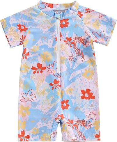 Toddler Baby Girl Boy Rash Guard Swimsuit with Hat Long Sleeve Floral Zip One Piece Bathing Suit Summer Swim Jumpsuit in Saudi Arabia