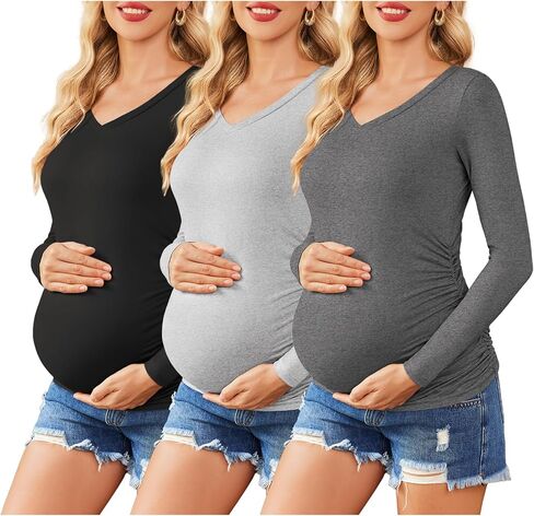 Ekouaer Womens Maternity Shirts Long Sleeve 3 Packs Pregnancy V-Neck Clothes Tunic Blouse Fall Tops for Mama S-XXL in Kuwait