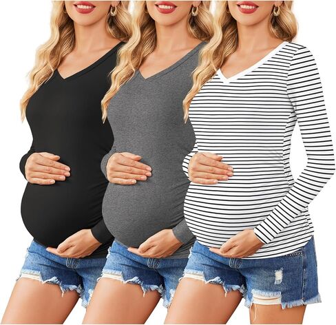 Ekouaer Womens Maternity Shirts Long Sleeve 3 Packs Pregnancy V-Neck Clothes Tunic Blouse Fall Tops for Mama S-XXL in Kuwait