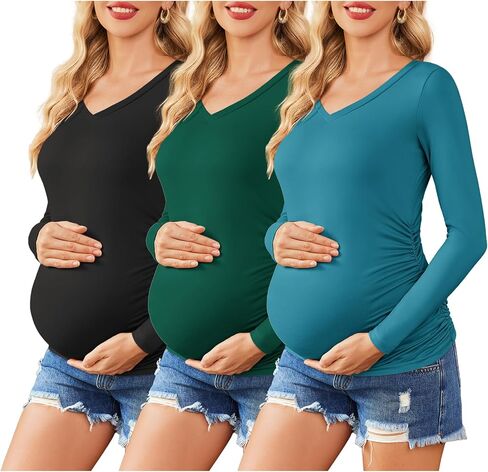 Ekouaer Womens Maternity Shirts Long Sleeve 3 Packs Pregnancy V-Neck Clothes Tunic Blouse Fall Tops for Mama S-XXL in Kuwait