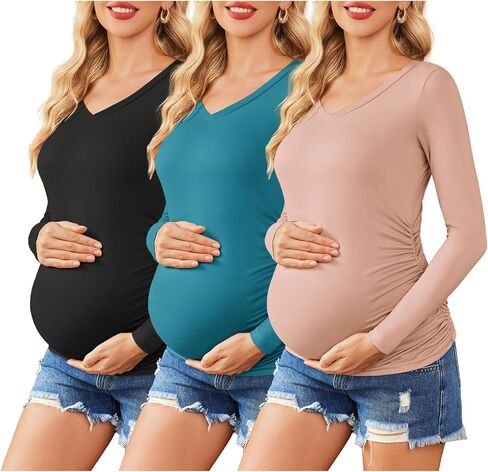 Ekouaer Womens Maternity Shirts Long Sleeve 3 Packs Pregnancy V-Neck Clothes Tunic Blouse Fall Tops for Mama S-XXL in Kuwait