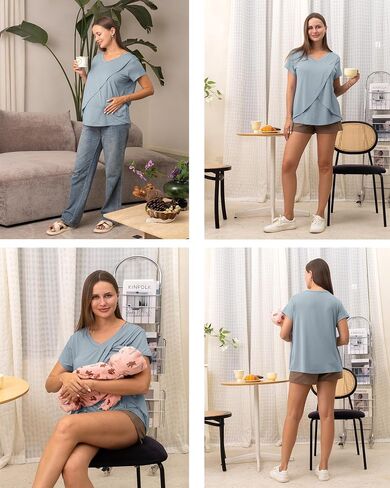 Rnxrbb V Neck Nursing Tops for Breastfeeding Tshirts Summer Postpartum Clothes Sets Short Sleeve 3 Pack Double Layer in Kuwait