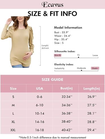 Ecavus Women's Maternity Shirts Ribbed Puff Long Sleeve Tunic Tops Side Ruched Casual Pregnancy Clothes in Saudi Arabia
