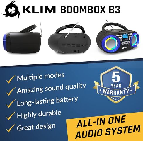KLIM B3 Portable CD Player Boombox with FM Radio, Bluetooth, USB, AUX, and FM Radio – Cd Players for Home – Dual Speakers, EQ Sound Effects, 20 Preset Stations, Compact and Lightweight in Saudi Arabia