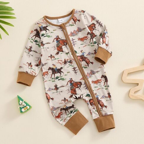 Baby Romper Newborn Clothes Long Sleeve Western Cow Print Zipper Jumpsuit Fall Winter Toddler Infant Bodysuit in Kuwait
