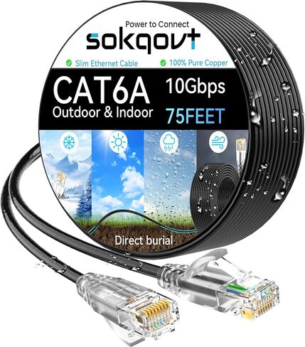 Cat6a Ethernet Cable Slim 150ft Outdoor, 28AWG Pure Copper Cat6 Internet Cable for Waterproof & Direct Burial, Flexible Cat6 Ethernet Cable 10G 550MHZ, Cat 6 Network cable for Indoor Black Color in Saudi Arabia