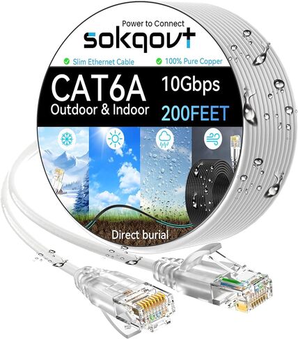 Cat6a Ethernet Cable Slim 150ft Outdoor, 28AWG Pure Copper Cat6 Internet Cable for Waterproof & Direct Burial, Flexible Cat6 Ethernet Cable 10G 550MHZ, Cat 6 Network cable for Indoor Black Color in Saudi Arabia