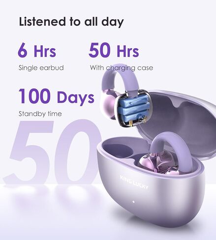 King Lucky Clip on Earbuds Open Ear Wireless Bluetooth 5.4 Headphones with Mic,50H Play,Noise Cancelling,Waterproof,Sports Ear Buds,Comfortable for Small Ears & Glasses Wearers,Workouts (Purple) in Saudi Arabia