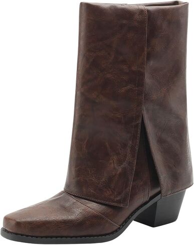 baobeijiadao Womens Square Toe Mid Calf Boots Chunky Heel Fold Over Boots Pull On Non Slip Fashion Boots for Women in Saudi Arabia
