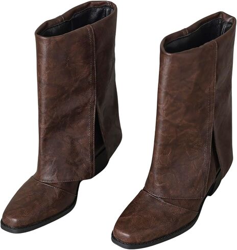baobeijiadao Womens Square Toe Mid Calf Boots Chunky Heel Fold Over Boots Pull On Non Slip Fashion Boots for Women in Saudi Arabia