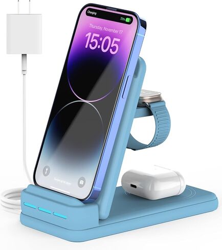 DNTGVUP Wireless Charging Station for Apple - 3 in 1 Wireless Charging Station for iPhone15/14/13/12/Pro/Plus/11/XS/XR/X/8, Charger Stand for Apple Watch S2-S9/SE (White). in Saudi Arabia