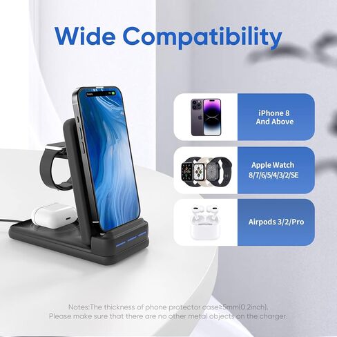 DNTGVUP Wireless Charging Station for Apple - 3 in 1 Wireless Charging Station for iPhone15/14/13/12/Pro/Plus/11/XS/XR/X/8, Charger Stand for Apple Watch S2-S9/SE (White). in Saudi Arabia