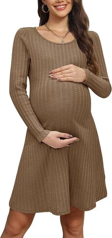 OUGES 2024 Fall Maternity Dress for Photoshoot Baby Shower Crew Neck Long Sleeve Knit Lightweight Sweater Dresses in Saudi Arabia