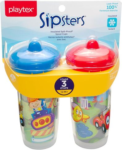 Playtex Baby Sipsters Stage 3 Hard Spout Cups, Happy Face Car and Construction 3D Graphics, 9 Oz, 2 Count - Spill-Proof, Leak-Proof, and Insulated in Saudi Arabia