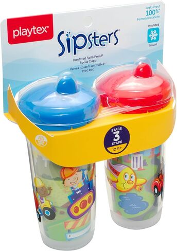 Playtex Baby Sipsters Stage 3 Hard Spout Cups, Happy Face Car and Construction 3D Graphics, 9 Oz, 2 Count - Spill-Proof, Leak-Proof, and Insulated in Saudi Arabia