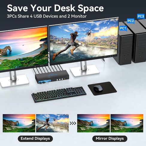 4K120Hz HDMI KVM Switch 2 Monitors 2 Computers 8K USB 3.0 KVM Switches for 2 Computers Share Dual Monitor and 4 USB Devices Support Extended/Copy Mode with DC 12V/1A&Wired Controller in Saudi Arabia