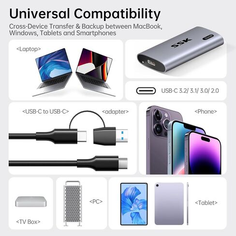 SSK 128GB SSD External Hard Drive, Portable SSD Up to 550MB/s Fast Solid State Drives, External Drive USB 3.2 Gen2 SSD for iPhone 15/Pro, Windows, Mac, Android with LED Light, Trim, Smart Supported in Kuwait