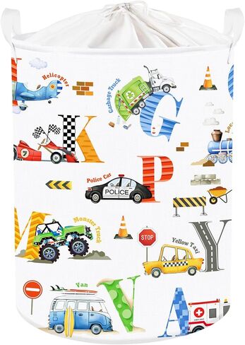 Clastyle Large Alphabet Car Kid Laundry Basket Construction Police Car Clothes Hamper for Boy Nursery Collapsible Excavator Toy Storage Basket with Lid in Saudi Arabia