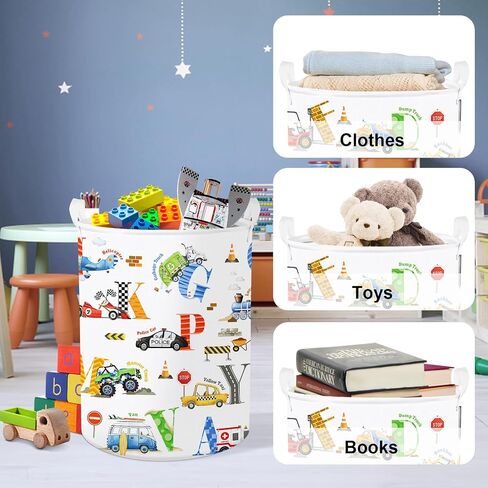 Clastyle Large Alphabet Car Kid Laundry Basket Construction Police Car Clothes Hamper for Boy Nursery Collapsible Excavator Toy Storage Basket with Lid in Saudi Arabia