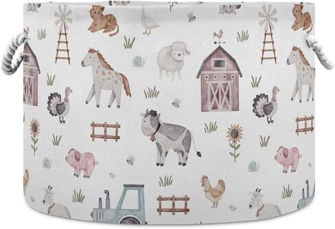 Burbuja Farm Animals Round Storage Basket with Cotton Rope Handles, Laundry Basket for Blankets, Toys, Nursery, Living Room Decoration in Saudi Arabia