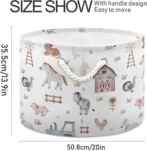Burbuja Farm Animals Round Storage Basket with Cotton Rope Handles, Laundry Basket for Blankets, Toys, Nursery, Living Room Decoration in Saudi Arabia