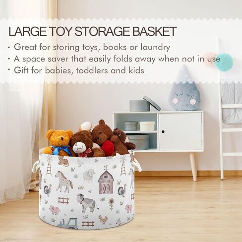 Burbuja Farm Animals Round Storage Basket with Cotton Rope Handles, Laundry Basket for Blankets, Toys, Nursery, Living Room Decoration in Saudi Arabia